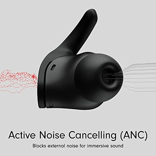 Black earbud with active noise cancelling feature.