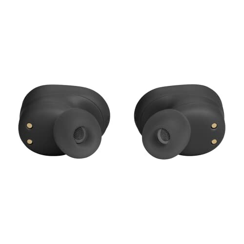 Pair of black wireless earbuds with gold accents