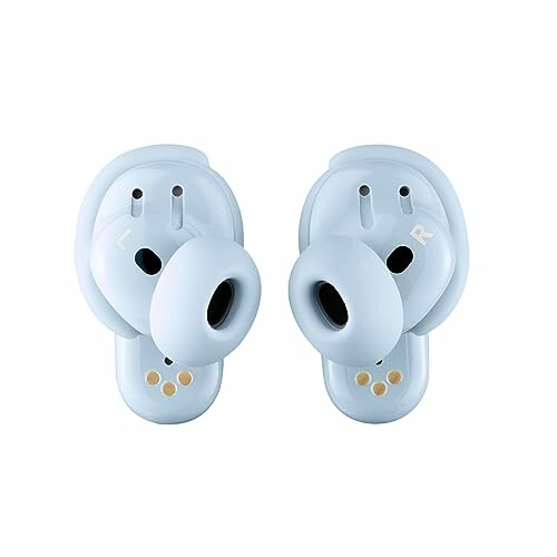 Pair of blue wireless earbuds with L and R markings