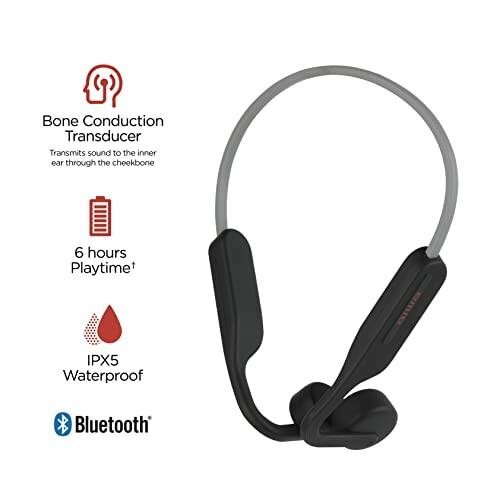 Bone conduction headphones with 6 hours playtime and IPX5 waterproof rating.