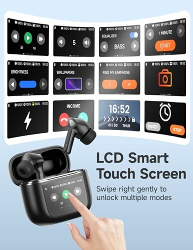 LCD touchscreen earbuds with various display modes.