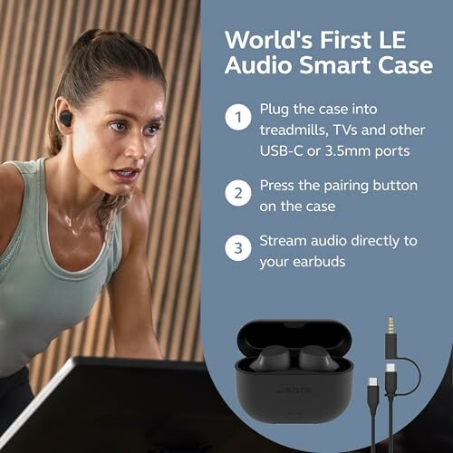 Woman using LE Audio Smart Case with earbuds and device connection instructions.