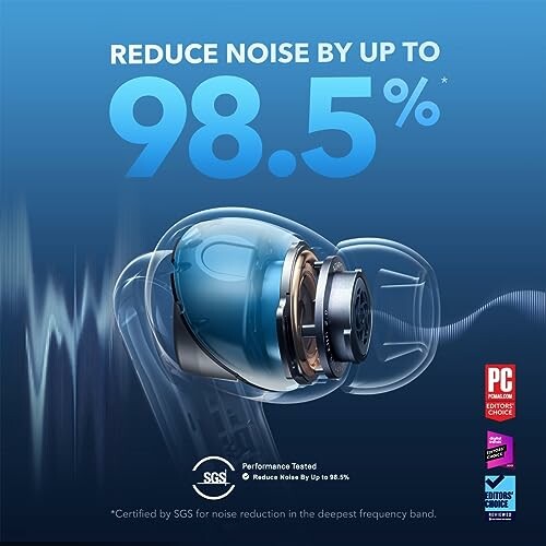 Earbuds with 98.5% noise reduction claim.