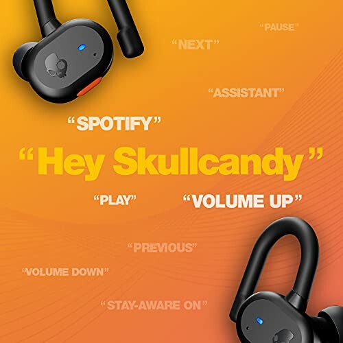 Skullcandy earbuds with voice command features on orange background