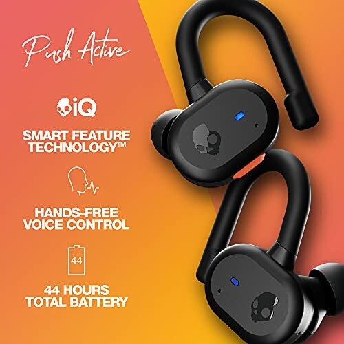 Skullcandy Push Active earbuds with features listed: smart feature technology, hands-free voice control, 44 hours total battery.