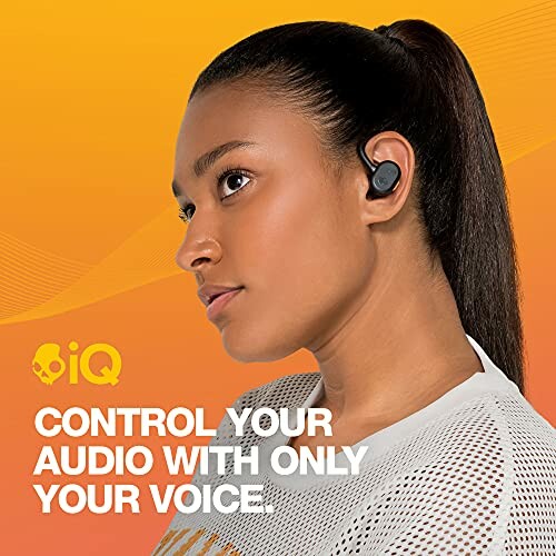 Person wearing wireless earbuds with text 'Control your audio with only your voice.'