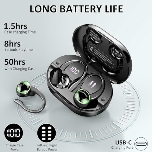 Wireless earbuds with charging case showing long battery life of 50 hours with case, 8 hours playtime, and 1.5 hours case charging time.