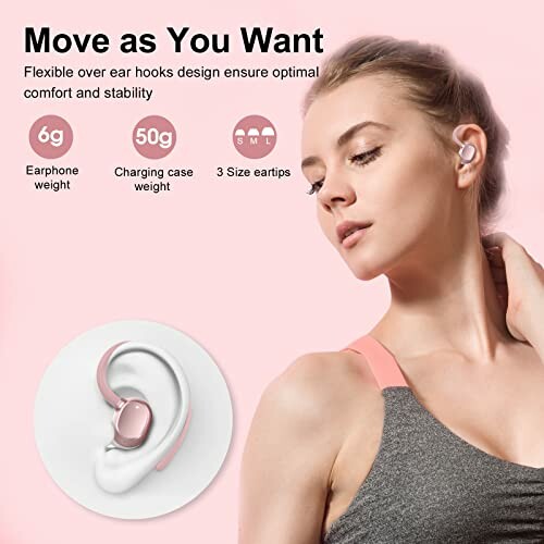 Woman wearing wireless earbuds with over-ear hooks for comfort and stability.