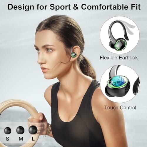 Woman wearing wireless earbuds with flexible earhook and touch control.